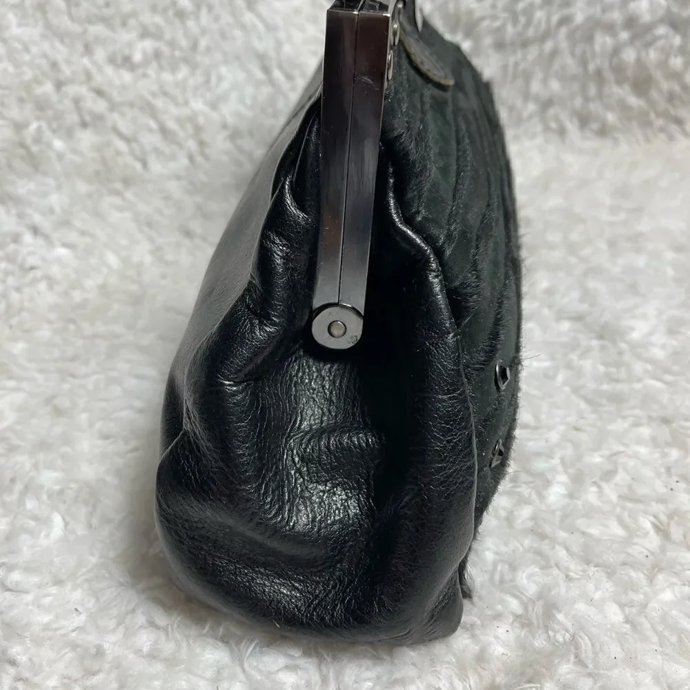 Patricia Nash Black leather & calf hair zebra Stripes silver tone frame Satchel